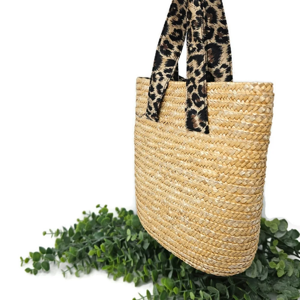 Girls Summer Straw Bag, Fully Lined with Animal Print Fabric
